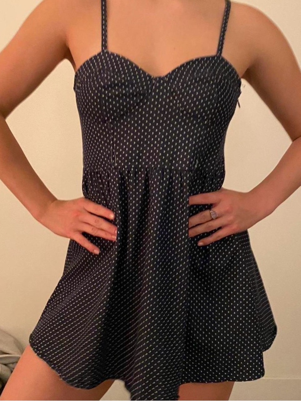 Source Unknown Navy Polka Dot Mini Dress with Spaghetti Straps